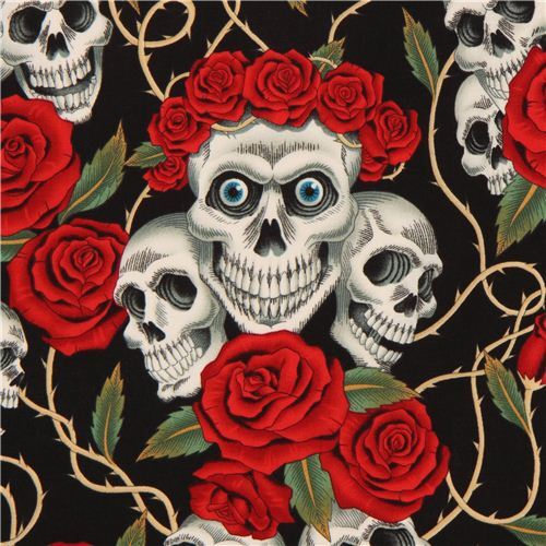 schwarzer Alexander Henry Stoff Rosen & weißer Totenkopf Stoff