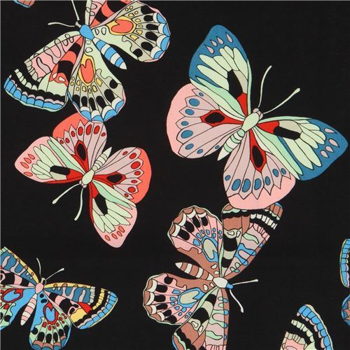 Remnant (20 x 114 cm) - black Alexander Henry fabric with colorful butterfly insect from the USA