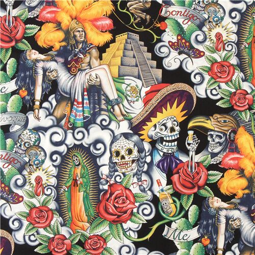 Tissu noir avec des couples et des ttes de mort Tissu