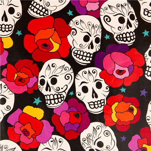 Tessuto nero di Alexander Henry con teschi stelle e rose Tessuto