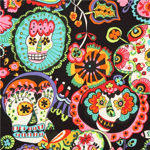 Tessuto nero floreale con teschi Alexander Henry, USA Tessuto