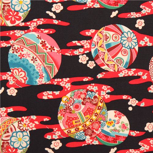 black Asia flower ball Kokka fabric from Japan Fabric