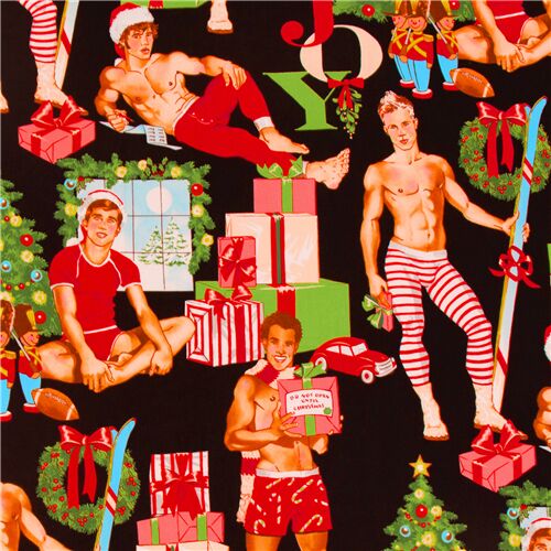 black Christmas fabric Pin up men Alexander Henry USA All I want for Christmas Fabric