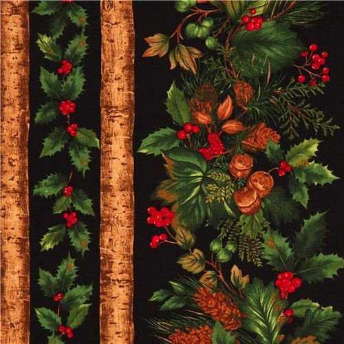 schwarzer Designer Stoff mit Mistelzweig Tannenzapfen Stoff