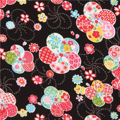 Tela japonesa de Kokka crep Futakoshi Chirimen negro con flores Tela