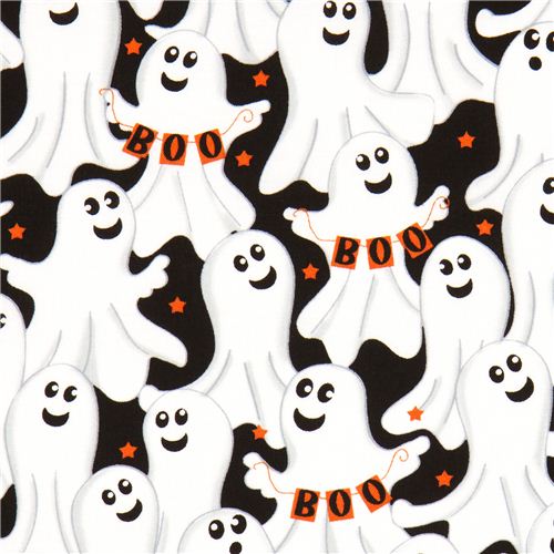black Halloween designer fabric with ghosts Boo star 1