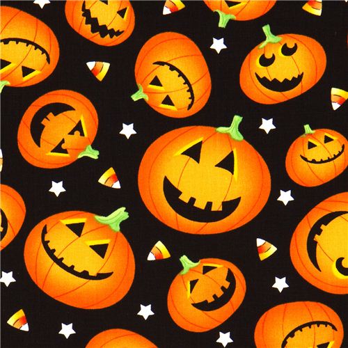 black Halloween designer fabric with orange pumpkins 1