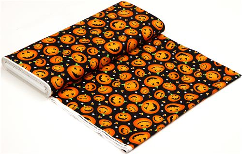 black Halloween designer fabric with orange pumpkins 3
