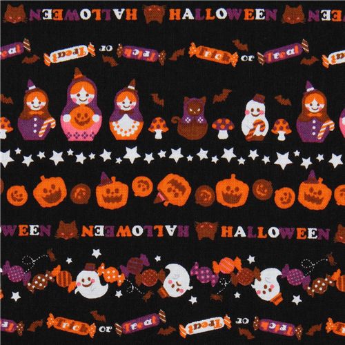 black Halloween fabric matryoshka witches cat ghosts 1