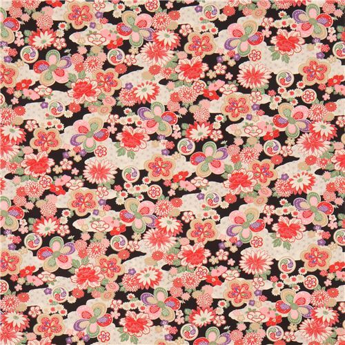 Fat Quarter (50 x 56 cm) - tessuto nero giapponese peonie e fiori di sakura amunzen 2