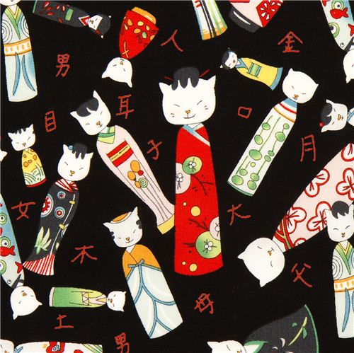 Tela negra figuritas de gato Kokeshi, de Alexander Henry Tela