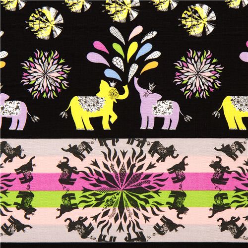 black Kokka oxford fabric with elephants 1
