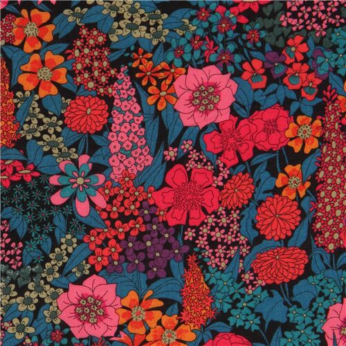 tessuto nero cotone Tana Lawn Liberty Fabrics giardino fiorito colorato Tessuto