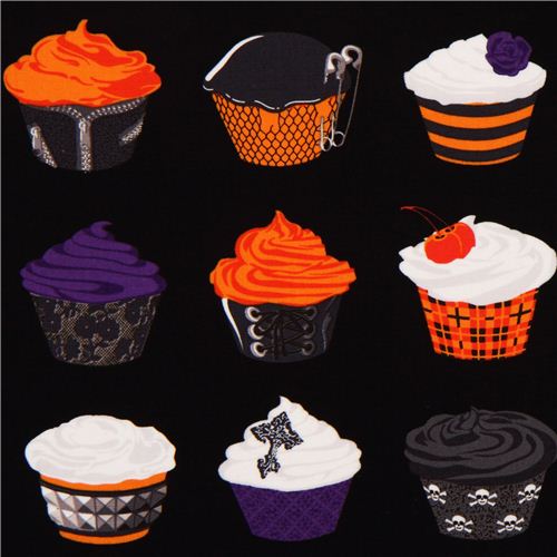 Tissu d'Halloween noir avec des cupcakes par Michael Miller Tissu