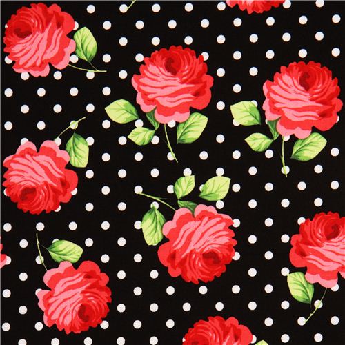 Tissu Michael Miller noir  pois blancs avec des roses Tissu
