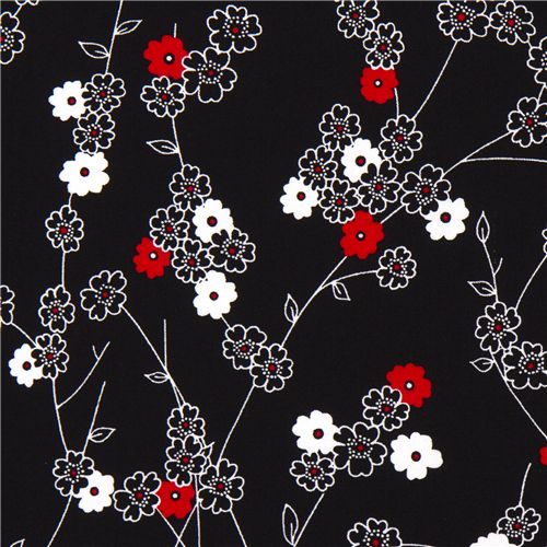 black Michael Miller fabric white-red flowers 1