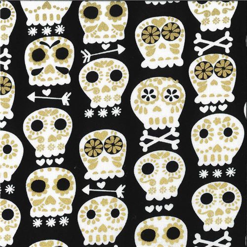 Tela negra con calaveras y adornos dorados metlicos Tela