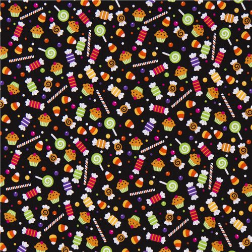 black Riley Blake Halloween fabric colourful candy 2