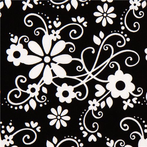 Tessuto nero Riley Blake con fiori e decorazioni Tessuto