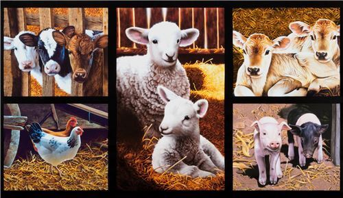 Tissu Robert Kaufman noir avec des vaches, des cochons, Down on the Farm Digital Tissu