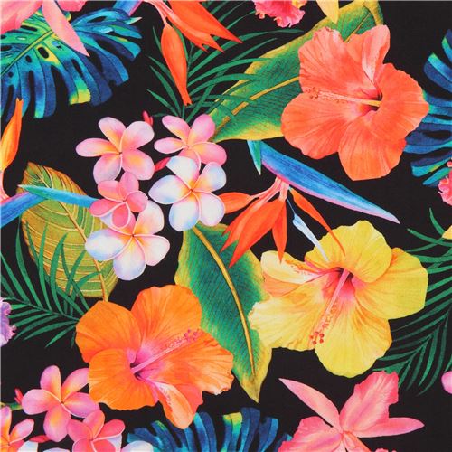 Tissu Robert Kaufman noir, fleurs multicolores, Island Sanctuary Digital Print Tissu