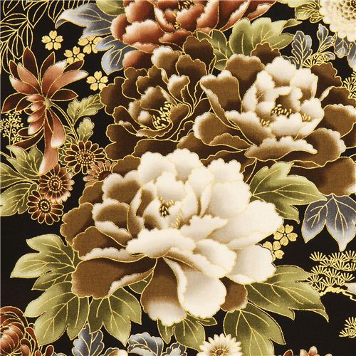 schwarzer Robert Kaufman Stoff mit Asia Blumen & Bordüre 1