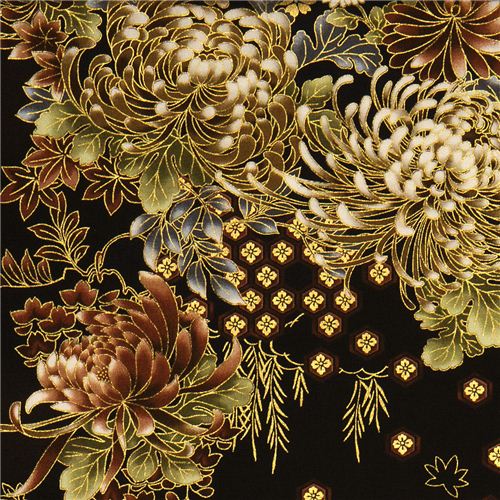 schwarzer Robert Kaufman Stoff mit Asia Blumen & Bordüre 2