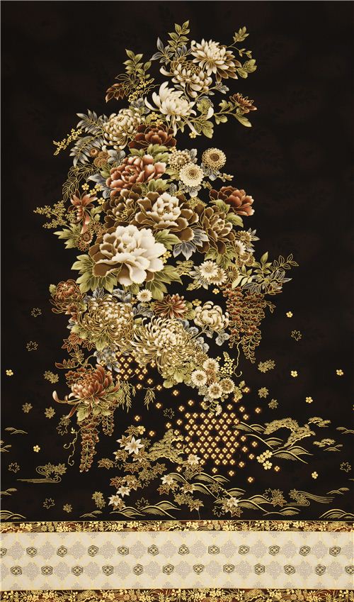 schwarzer Robert Kaufman Stoff mit Asia Blumen & Bordüre 4