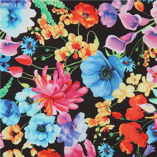black Timeless Treasures fabric with colorful wild flowers Fabric