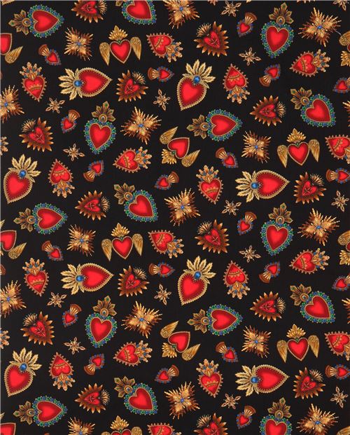 Fat Quarter (50 x 56 cm) - black Timeless Treasures fabric with heart brooches 2