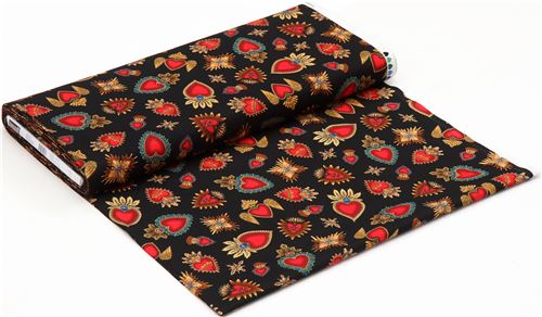 Fat Quarter (50 x 56 cm) - black Timeless Treasures fabric with heart brooches 4