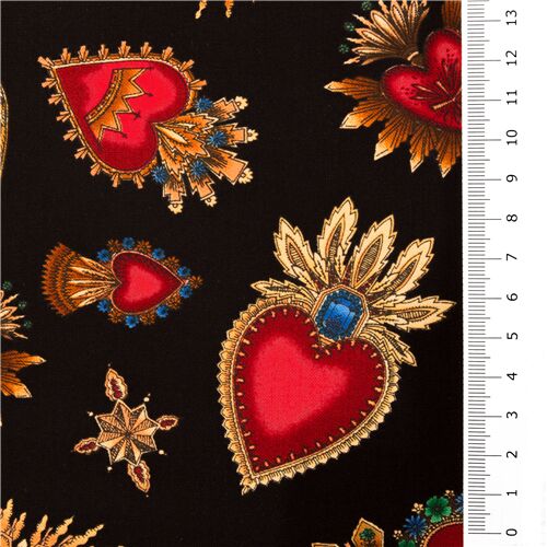 Fat Quarter (50 x 56 cm) - black Timeless Treasures fabric with heart brooches 3