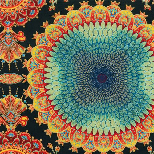 Remnant (17 x 112 cm) - black Treasures of Alexandria Robert Kaufman metallic gold medallion fabric