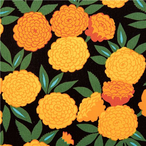 tessuto nero Alexander Henry calendule grandi gialle arancioni Tessuto