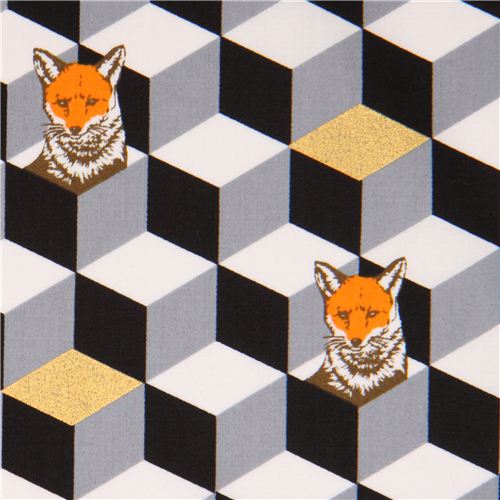 black and grey diamond dice fox cotton sateen glitter laminate fabric Kokka  Fabric
