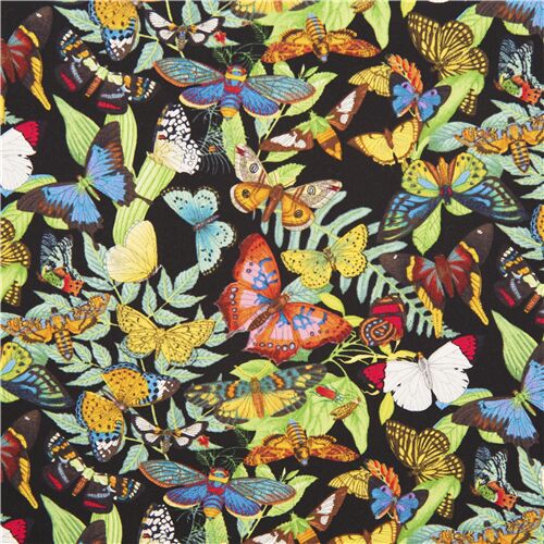 Tissu en coton noir avec des papillons multicolores et des feuilles Tissu