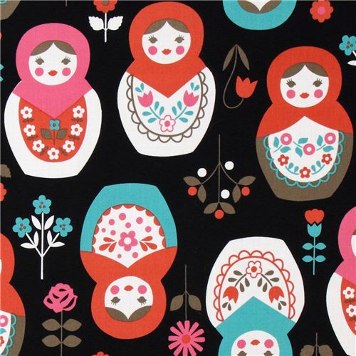 Tissu Kokka noir avec des grandes poupées Babouchkas Tissu