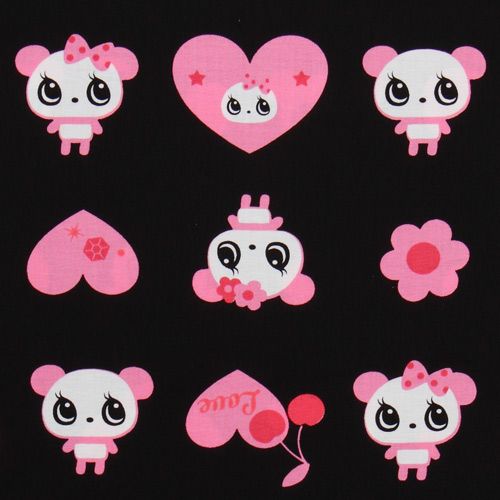 black big panda fabric with pink hearts Japan 1