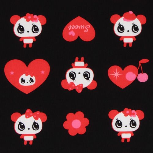black big panda fabric with red hearts Japan 1