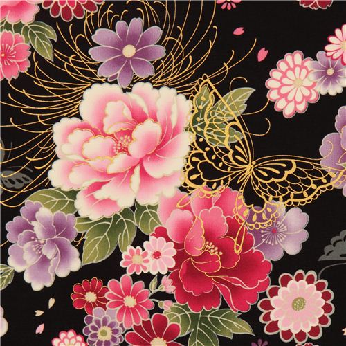 black butterfly and flower fabric with gold by Kokka Fabric