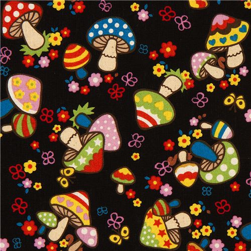 schwarzer Canvas Stoff bunte kawaii Pilze Kokka Japan 1