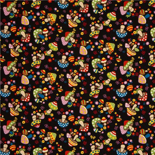 schwarzer Canvas Stoff bunte kawaii Pilze Kokka Japan 2