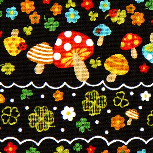 schwarzer Canvas Pilz Stoff mit Blumen von Kokka 1