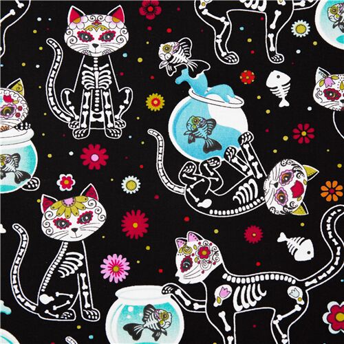 black cat fish skeleton flower fabric by Timeless Treasures Fabric