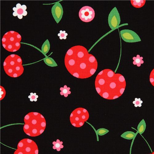 Tela negra de Robert Kaufman con flores y cerezas Tela