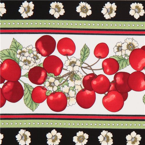 Tela negra con franjas d cerezas y flores Timeless Treasures Tela
