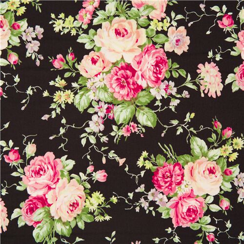 Tissu coton noir avec de grands bouquets de roses roses et des fleurs pastel Tissu
