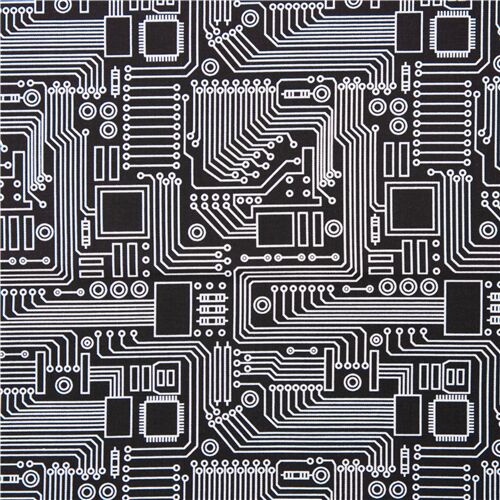 Tissu en coton noir Michael Miller avec des schémas de circuits imprimés blancs Tissu