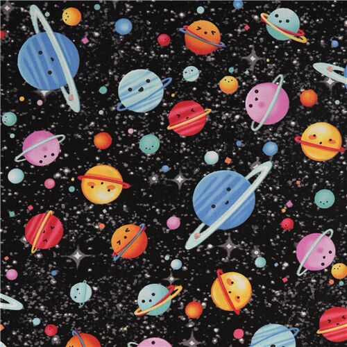 schwarzer Baumwollstoff lustige Gesichter Planeten Glitzer von Michael Miller Stoff