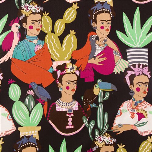 black cotton fabric with Frida cactus and birds by Alexander Henry Fabric